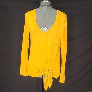 Mustard Long Sleeve V-neck Front Tie Top By Express One Eleven Size Xsmall